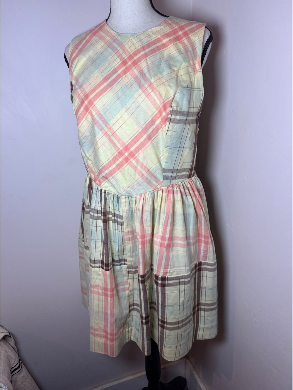 Anthropologie Lyrebird Plaid Fit & Flare Dress Pastel Yellow Pink Size L NWT